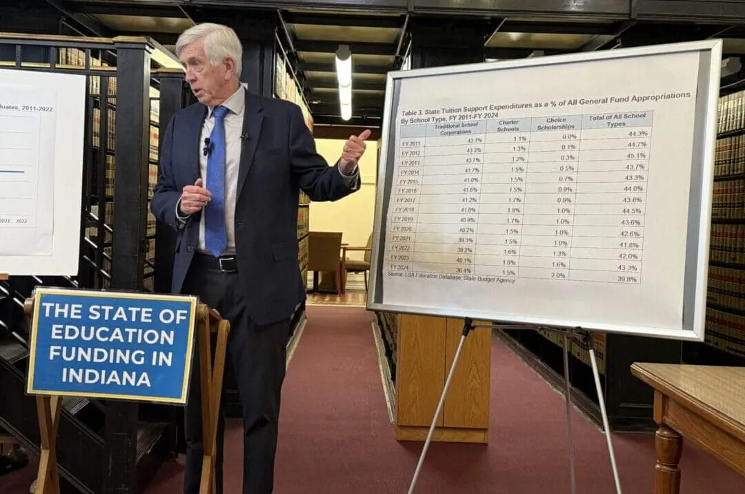 Rep. Ed DeLaney, D-Indianapolis, discusses a new legislative fiscal analysis on Indiana school funding during a news briefing on Wednesday, Oct. 2, 2024. (Photo by Casey Smith/Indiana Capital Chronicle)