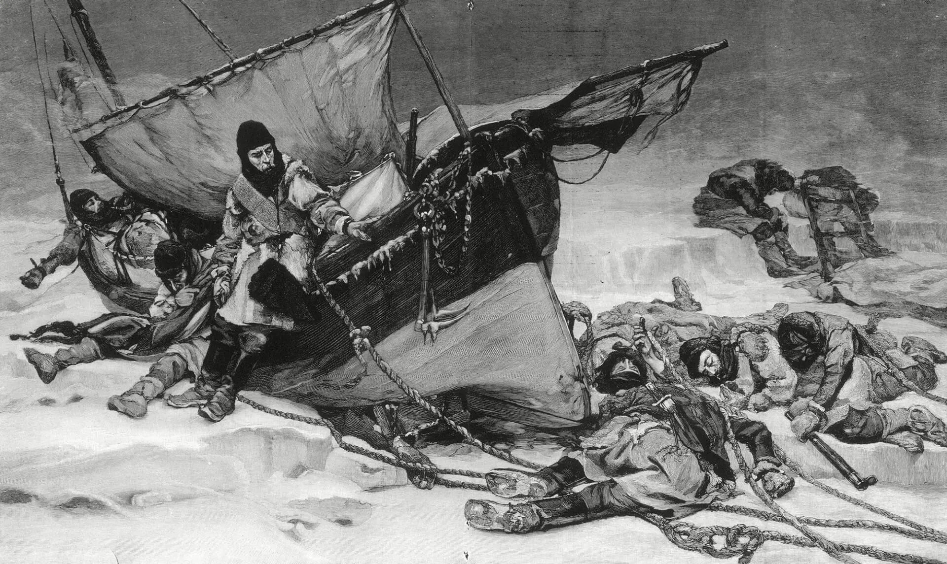 An engraving shows the end of Sir John Franklin's ill-fated Arctic expedition based on a painting by British artist W. Thomas Smith exhibited in the Royal Academy in 1896. (Provided Photo/ Historia/Shutterstock via CNN Newsource)