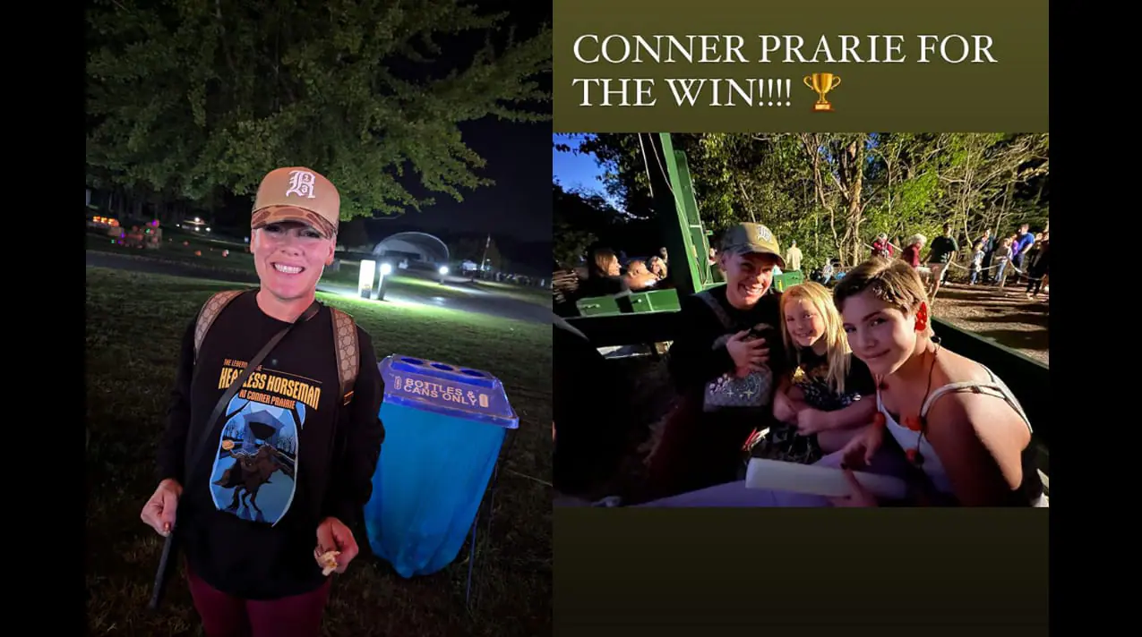 Musical artist P!nk seen at Conner Prairie's Headless Horseman Festival ahead of her performance at Lucas Oil Stadium on Oct. 11, 2024. (Provided Photos/Conner Prairie Museum via Facebook; P!nk via Instagram)