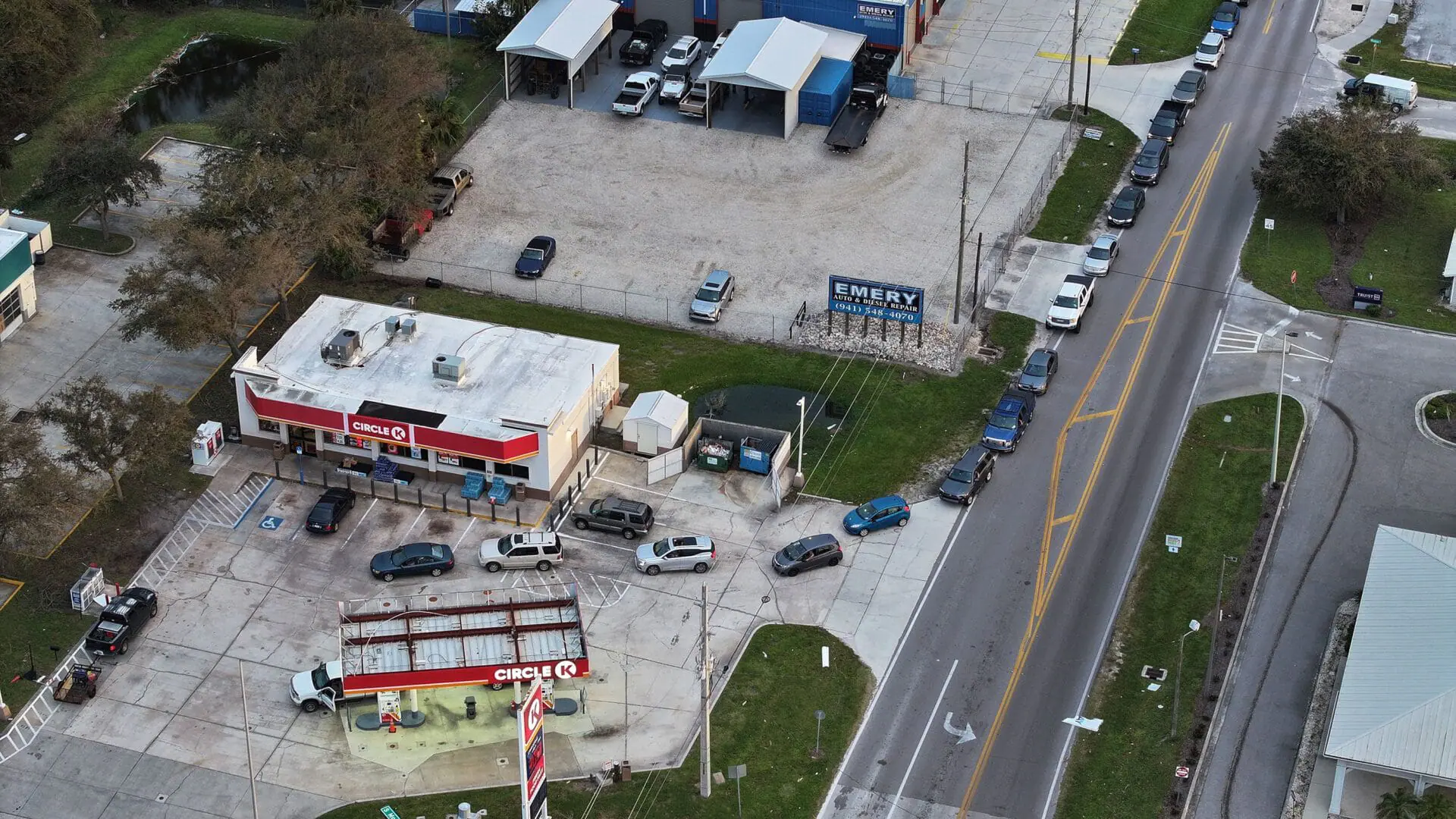 An aerial view shows vehicles lined up to wait for gas at a Circle K station on October 11, in Englewood, Florida. Surrounded by the damage left behind by hurricanes Helene and Milton, people across Florida face the daunting task of cleaning up. (Photo by Joe Raedle/Getty Images via CNN Newsource)