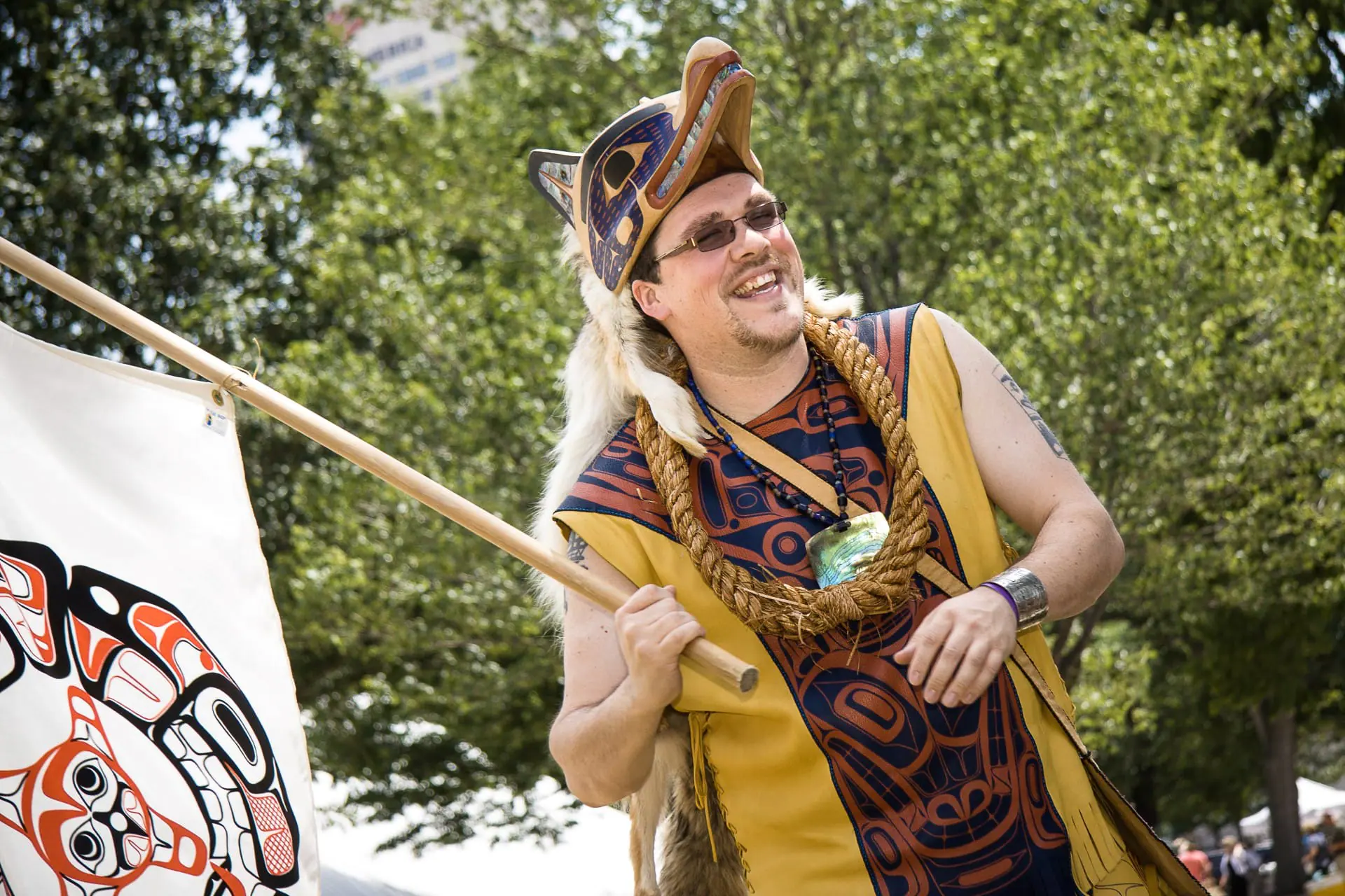 Formline artist and culture bearer David Robert Boxley (Tsimshian) performs at the Eiteljorg Museum in Indianapolis. The Eiteljorg is offering free admission on Monday in recognition of Indigenous Peoples' Day. (Provided Photo/Eiteljorg Museum)