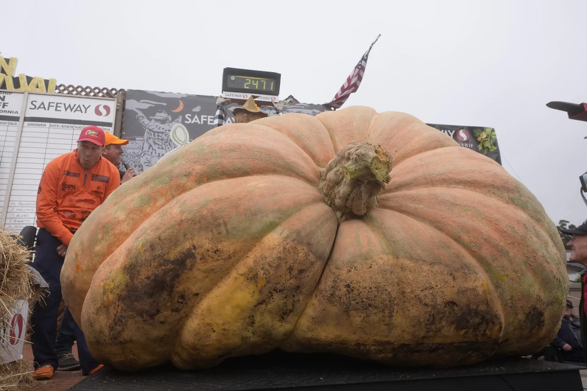 Travis Gienger, of Anoka, Minn., reacts as his pumpkin weighs in at 2,471 pounds to win at the Safeway World Championship Pumpkin Weigh-Off in Half Moon Bay, Calif., Monday, Oct. 14, 2024. (AP Photo/Jeff Chiu)