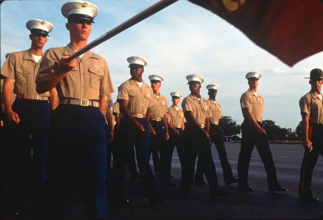 New Marine recruits attend the Marine Corp boot camp and receive training to become soldiers in April of 1997 in Paris Island, South Carolina. (Photo by Andrew Lichtenstein/Corbis via Getty Images)