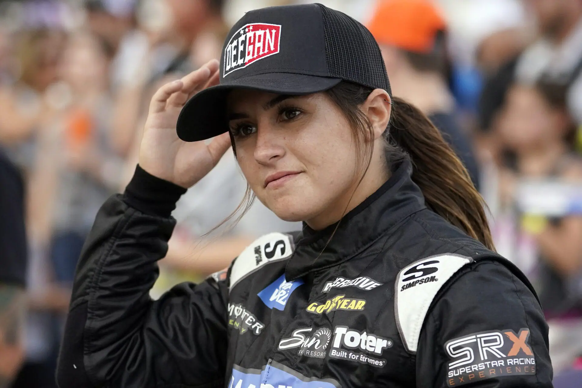 FILE - Driver Hailie Deegan waits for the start of an SRX Series auto race Saturday, July 17, 2021, in Nashville, Tenn. (AP Photo/Mark Humphrey, File)