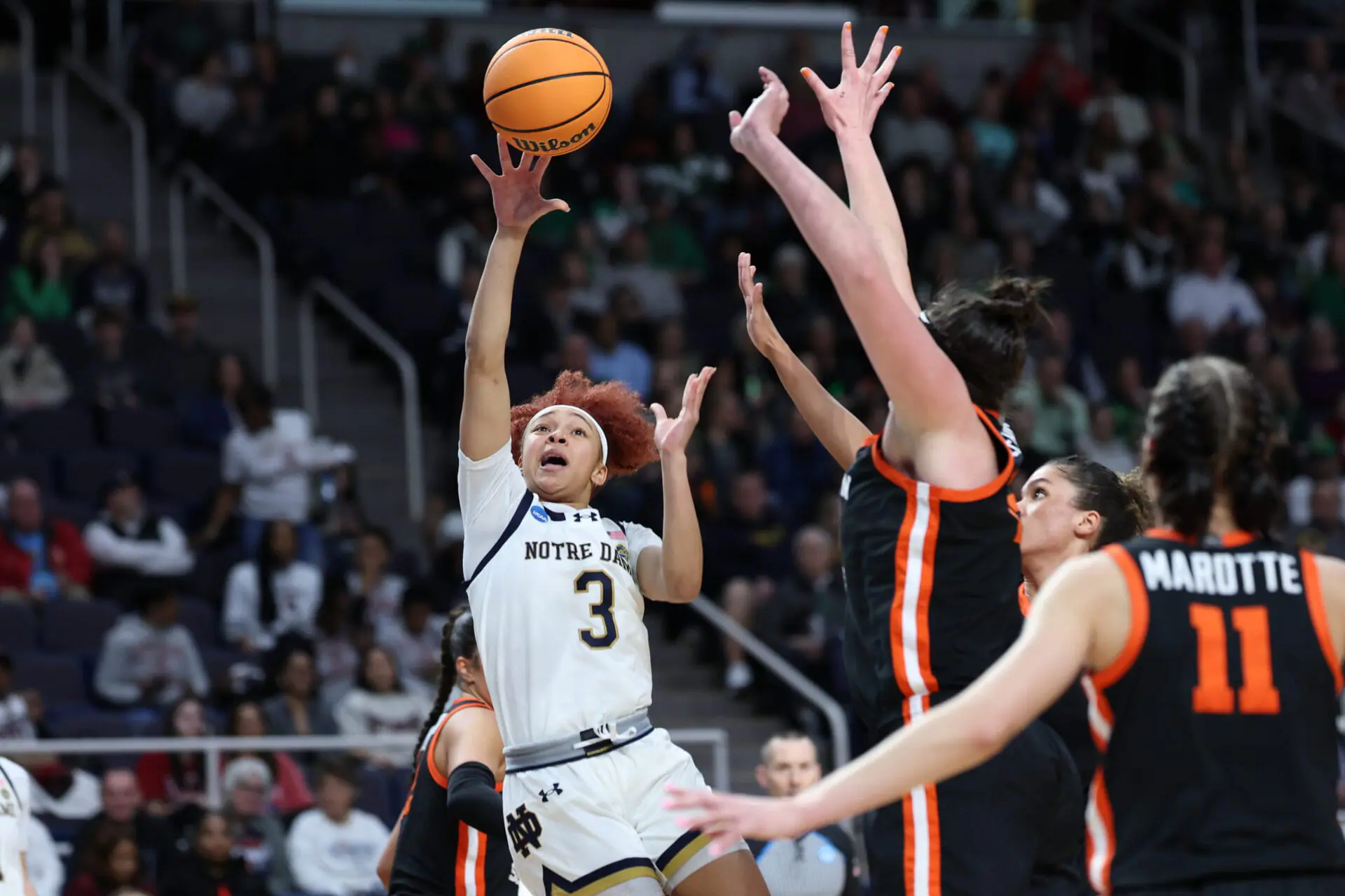 Hannah Hidalgo #3 of the Notre Dame Fighting Irish shoots the ball during the Sweet Sixteen round of the 2024 NCAA Women's Basketball Tournament held at MVP Arena on March 29, 2024 in Albany, New York. Notre Dame is one of two Indiana schools to make the women's AP Top 25 preseason poll. (Photo by Scott Taetsch/NCAA Photos via Getty Images)