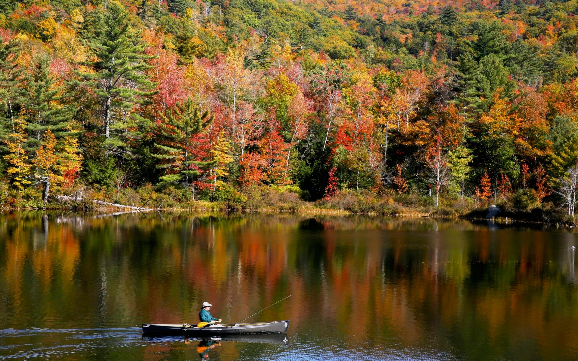 A fly fisherman paddles on a pond as fall foliage begins to show color in Campton, N.H., Sunday, Oct. 6, 2024. Fall is here but warm temperatures have muted some of the colors of autumn in Indiana. But that's not true for everyone. These trees are filled with blazing shades of red, yellow, and orange. (AP Photo/Caleb Jones)