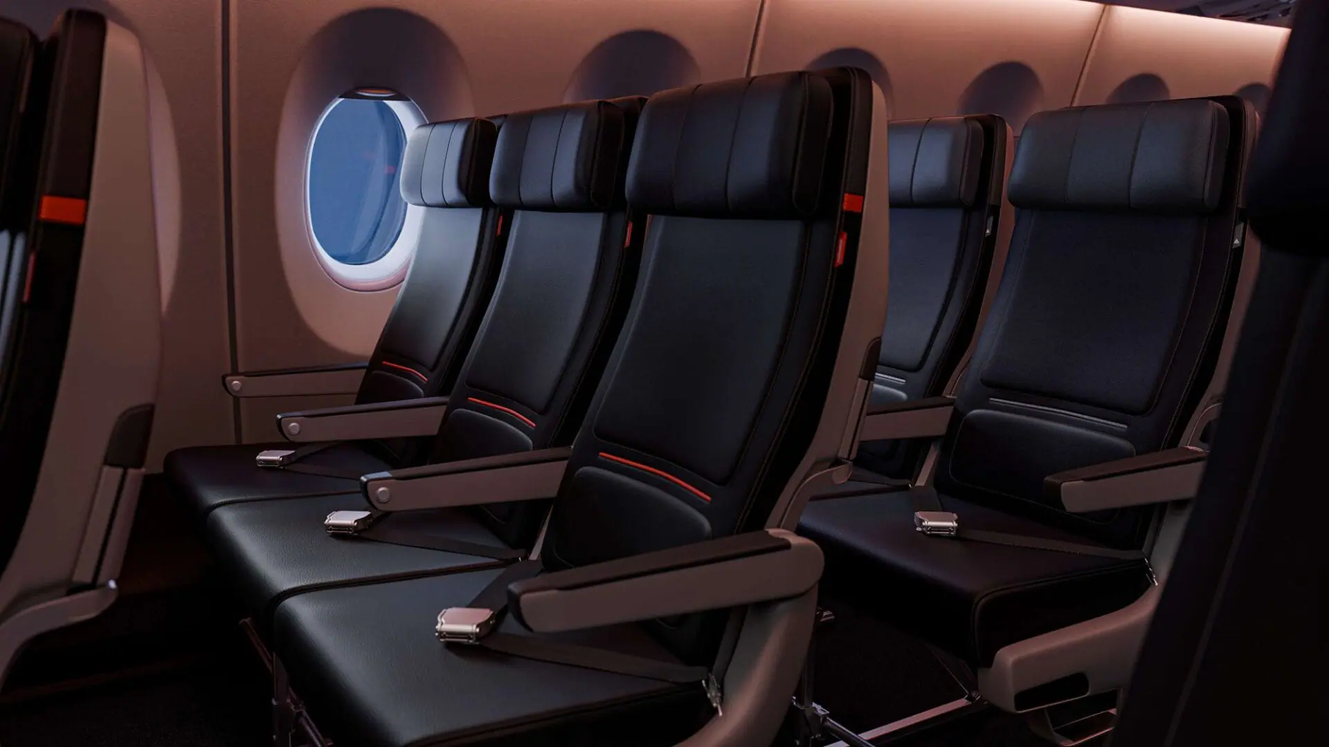 Calming lighting and breathable, engineered leather seats in a darker color palette are part of the new Main cabin design. (Provided Photo/Courtesy Delta via CNN Newsource)