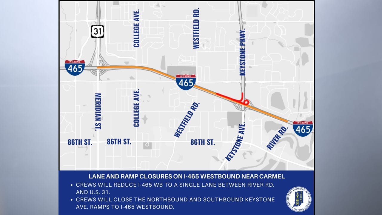 The Indiana Department of Transportation plans for lane restrictions on Interstate 465 westbound on the northeast side of Marion County. Lane closures and restrictions on I-465 will begin Thursday and run through Monday. (Provided Photo/INDOT)