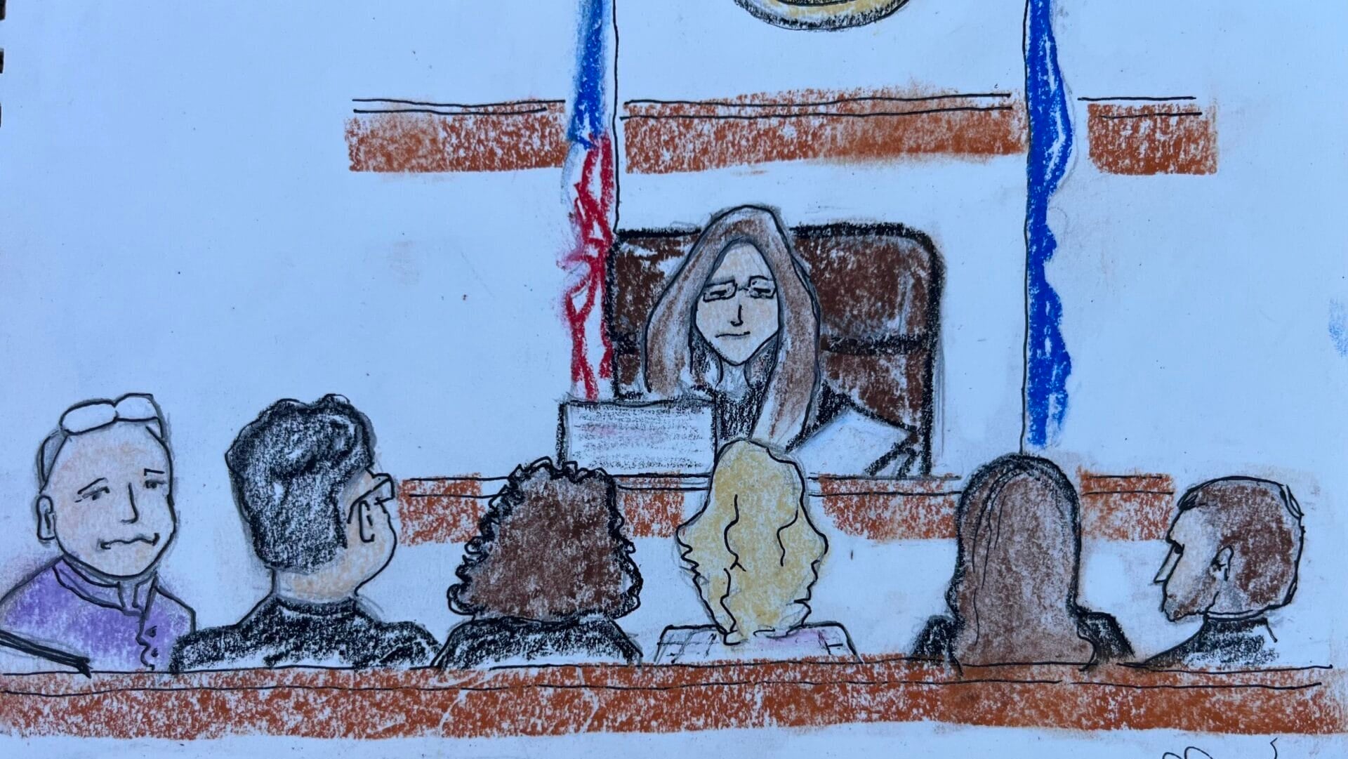 A sketch of the proceedings in the Delphi Murders trial.(Provided Photo/April Ganser via The T.A.G. Art Company)