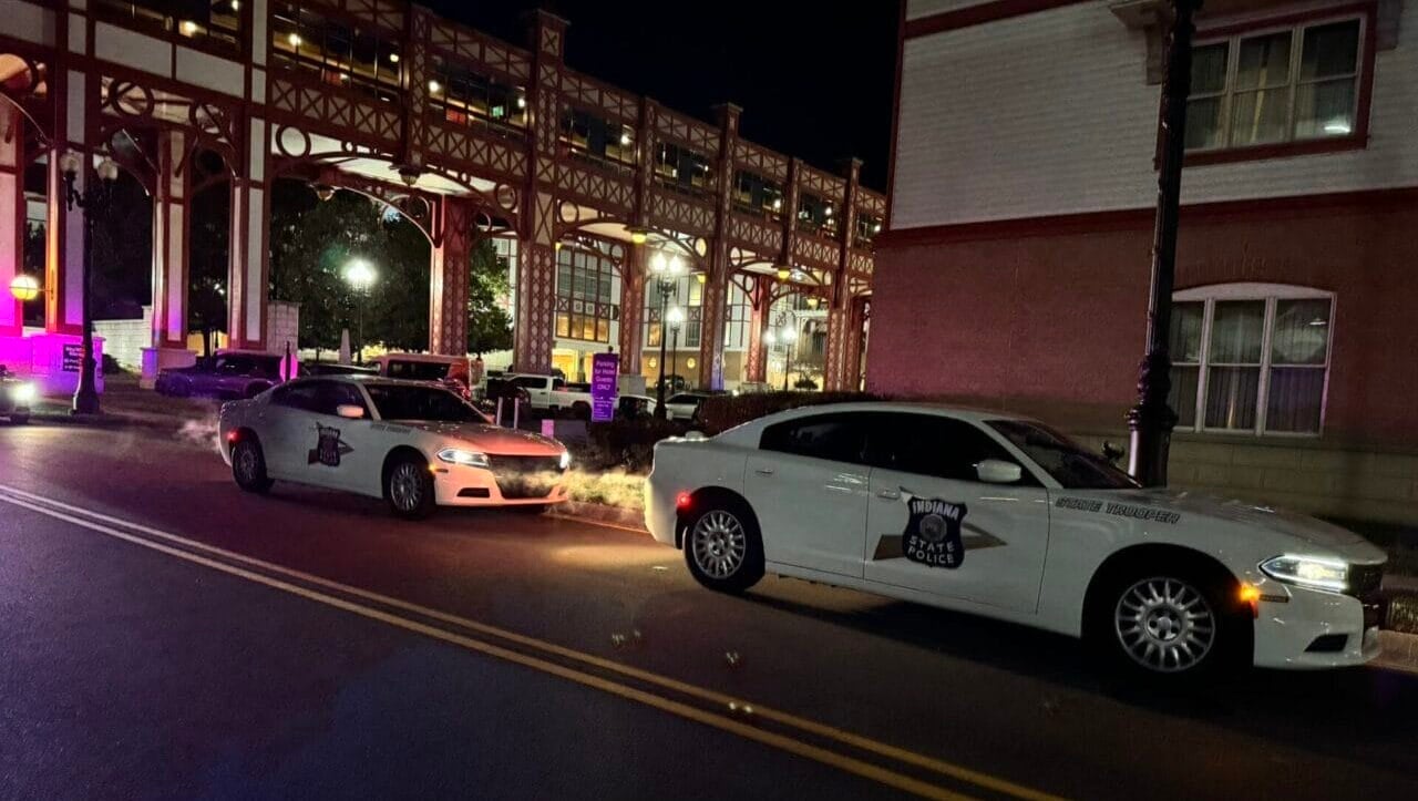 Indiana State Police cars seen outside the Hollywood Casino Hotel following a police shooting on Oct. 19, 2024. (Provided Photo/ISP Sgt. Stephen Wheeles via X)