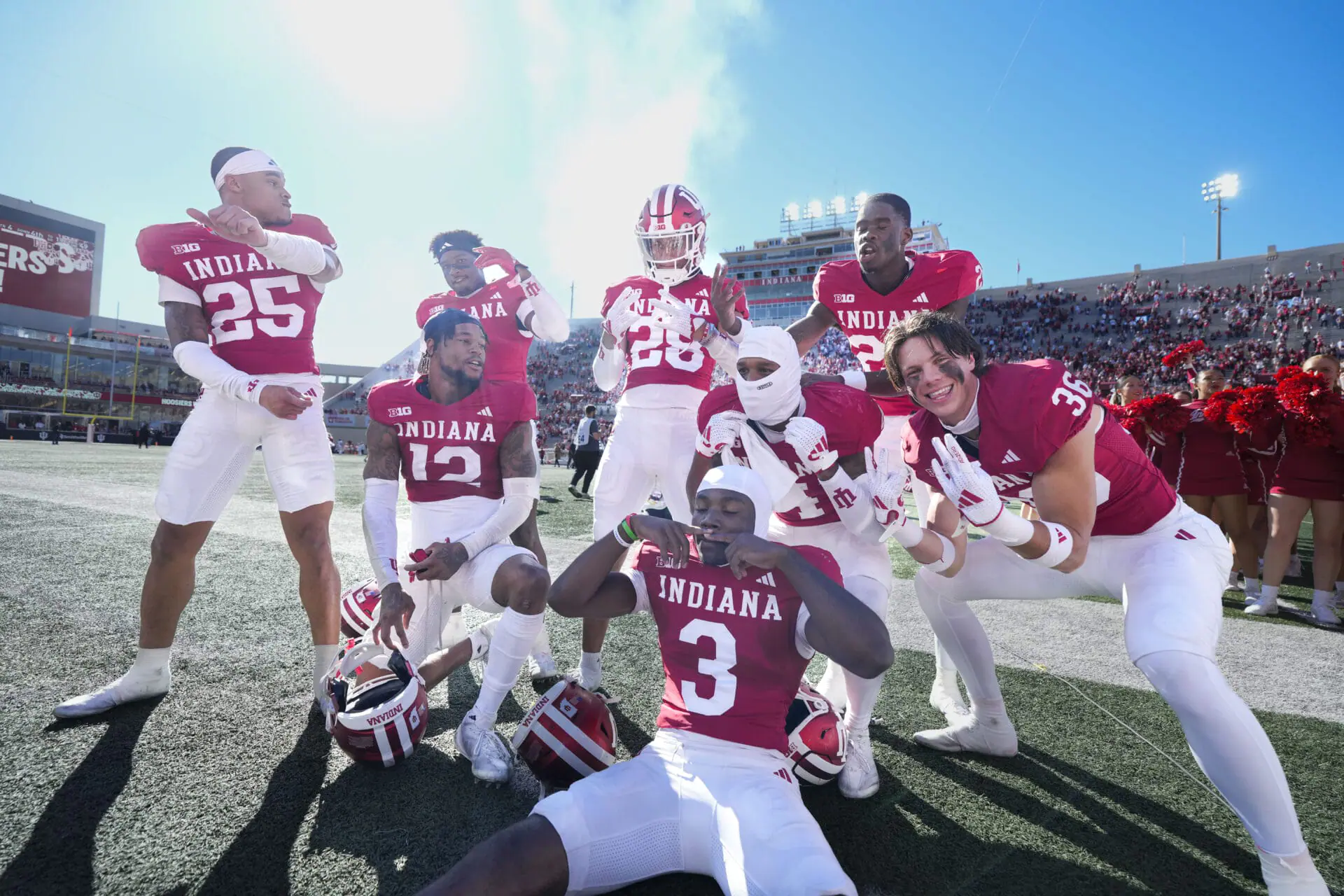 Indiana teammates celebrate after defeating Nebraska in an NCAA college football game in Bloomington, Ind., Saturday, Oct. 19, 2024. (AP Photo/AJ Mast)