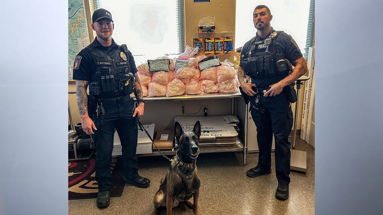 Plainfield officers and drug dog Echo show off spoils of a large bust on I-70 (Photo from Plainfield Police Department)