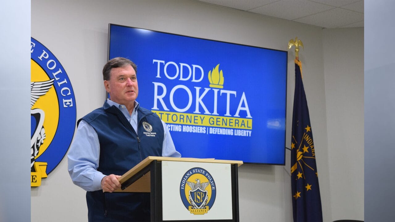 Indiana Attorney General Todd Rokita makes remarks and answers questions after receiving an endorsement from the Indiana State Police Alliance on Thursday, Oct. 24, 2024, in Indianapolis. (Photo by Casey Smith/Indiana Capital Chronicle)