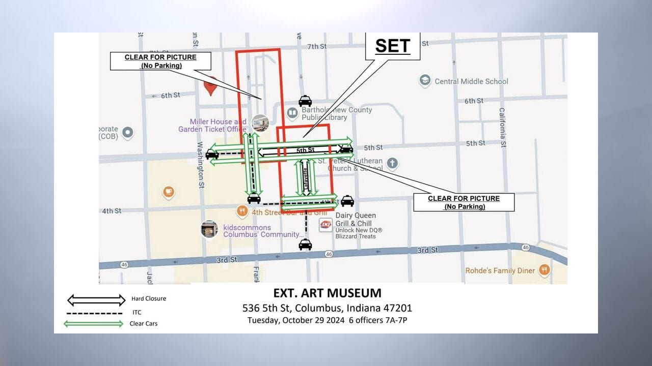 Street closings for movie filming at the Bartholomew County Public Library are shown. (Provided Photo via The Republic)