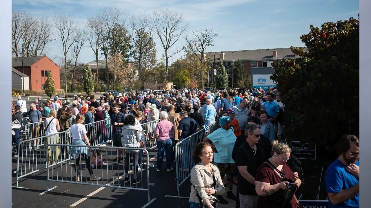 People wait in line at the early voting site Oct. 29, 2024, at St. Luke’s United Methodist Church in Indianapolis. (Photo by Nate Pappas for Mirror Indy)