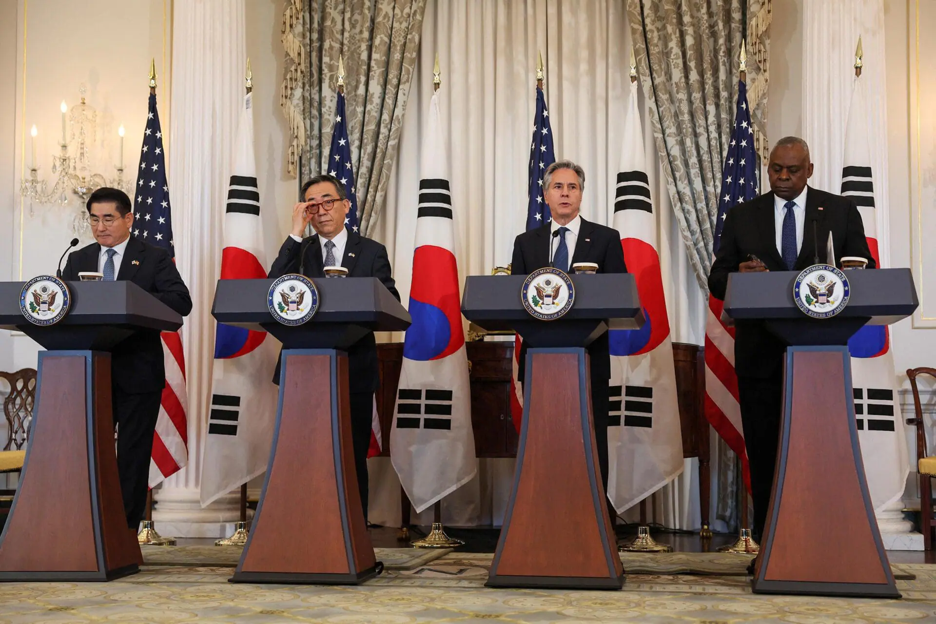 Secretary of State Antony Blinken and Defense Secretary Lloyd Austin hold a joint press conference with South Korean Foreign Minister Cho Tae-yul and Defense Minister Kim Yong-hyun during a 2+2 meeting, at the State Department in Washington, DC, on October 31. (Photo by Leah Millis/Reuters via CNN Newsource)