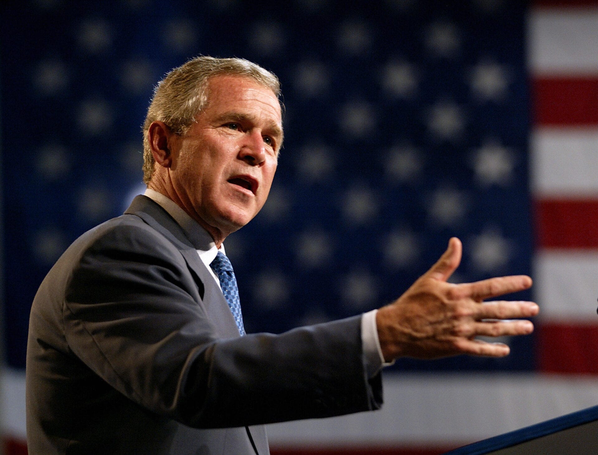 US President George W. Bush makes remarks about the economy after meeting with small business owners on Sept. 5, 2003, in Indianapolis, Indiana. (Photo by STEPHEN JAFFE/AFP via Getty Images)