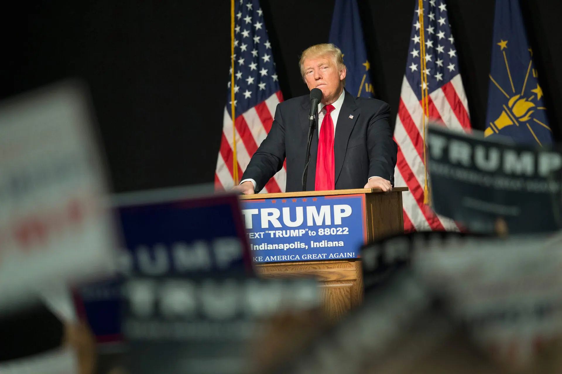 Republican presidential candidate Donald Trump speaks to guests and supporters during a rally at the Indiana State Fairgrounds on April 20, 2016 in Indianapolis, Indiana. (Photo by Scott Olson/Getty Images)