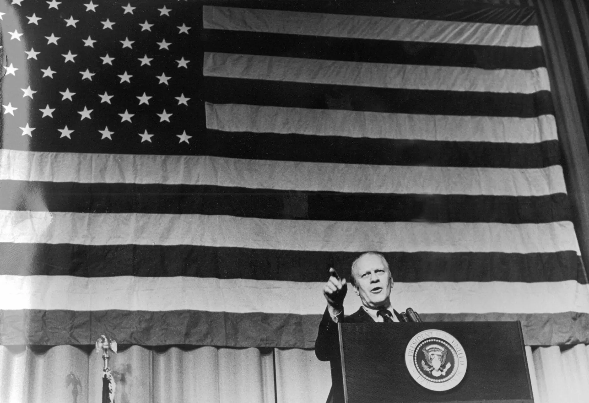 US Presidents Gerald Ford giving a press conference in Indianapolis on Oct. 16, 1974. Ford lost the 1976 election campaign to Jimmy Carter, a defeat that historians have attributed to his decision to pardon Nixon for his crimes barely a month after taking office. (Photo by STR/AFP via Getty Images)