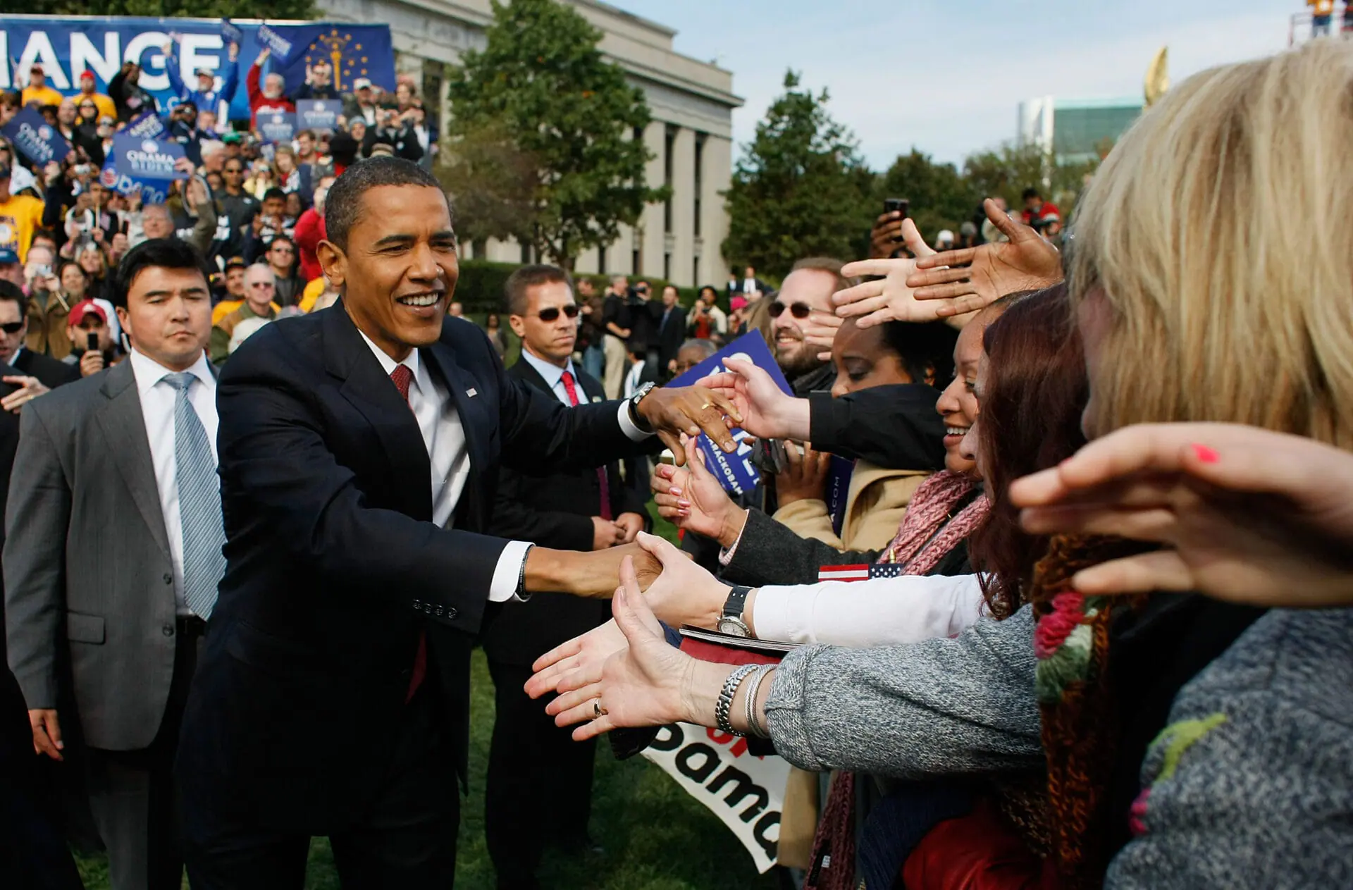 Democratic presidential nominee U.S. Sen. Barack Obama greets people during a campaign rally at American Legion Mall on Oct. 23, 2008, in Indianapolis, Indiana. (Photo by Joe Raedle/Getty Images)