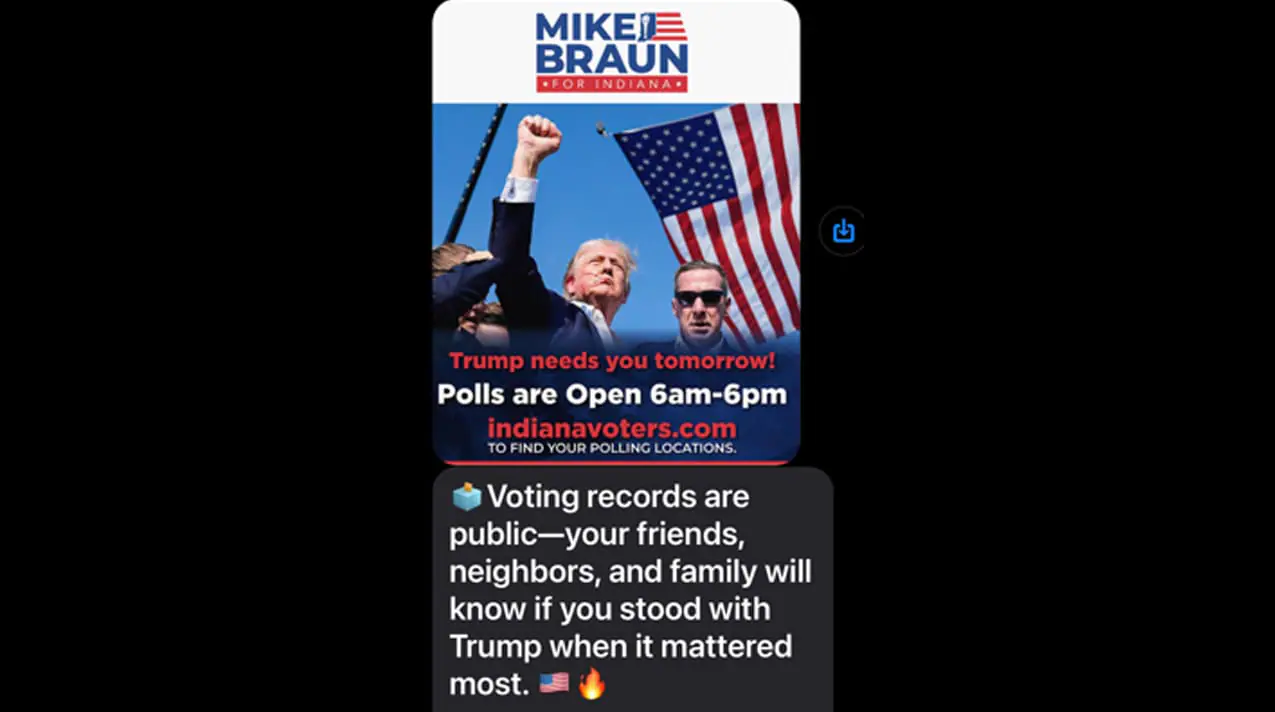 A text ominously warning voters that their vote will be made public. The text claims to be sent by the Indiana GOP. (WISH-TV Viewer Photo)