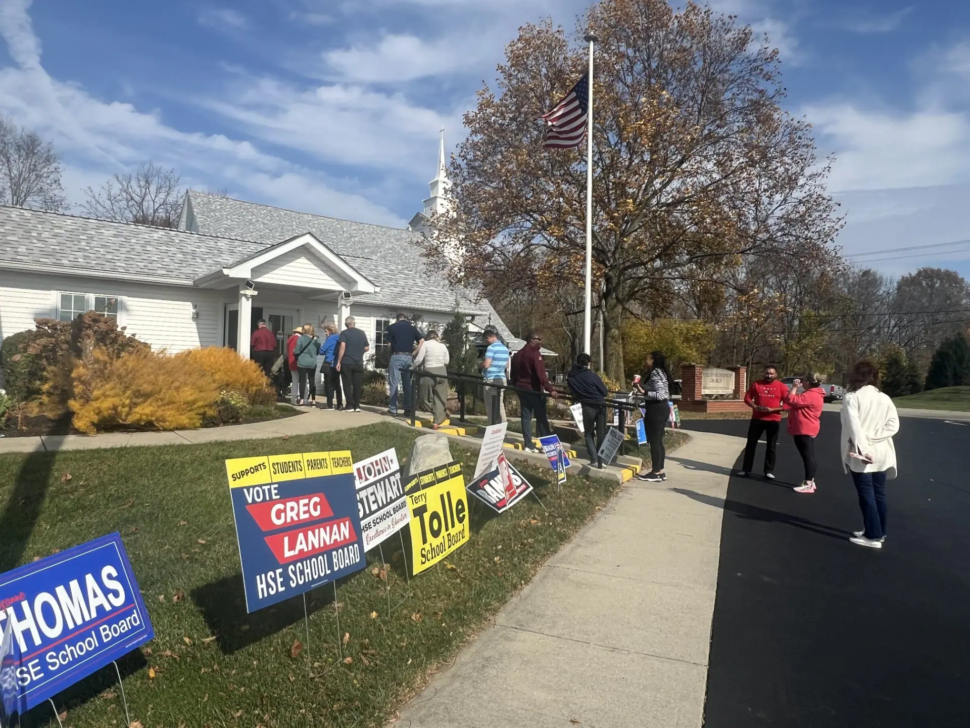 Voters wait in line outside Cyntheanne Christian Church in Noblesville on Nov. 5, 2024. The polls opened at 6 a.m. local time and will close at 6 p.m. (WISH Photo/Reyna Revelle)