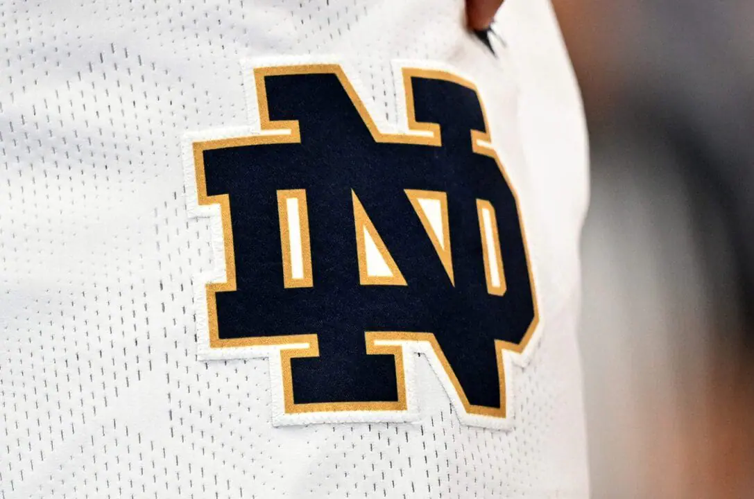 A view of the Notre Dame Fighting Irish logo on their uniform during the game against the Georgia Tech Yellow Jackets in the First Round of the ACC Men's Basketball Tournament at Capital One Arena on March 12, 2024 in Washington, DC. (Photo by G Fiume/Getty Images)