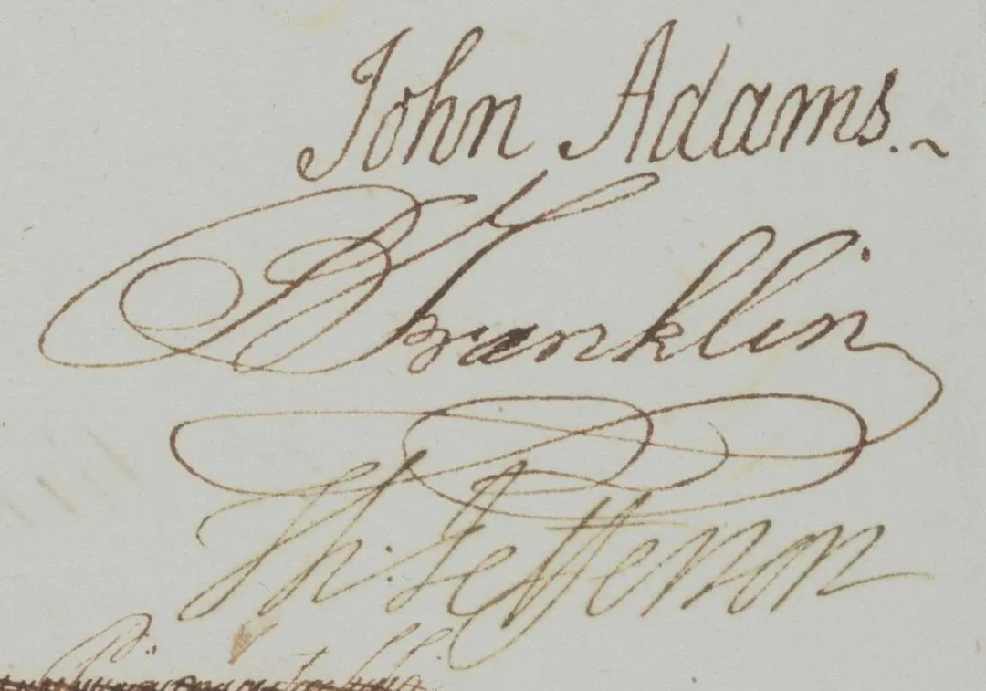 The signatures of John Adams, Benjamin Franklin and Thomas Jefferson as seen on the letter. (Provided Photo/Bonhams via CNN Newsource)