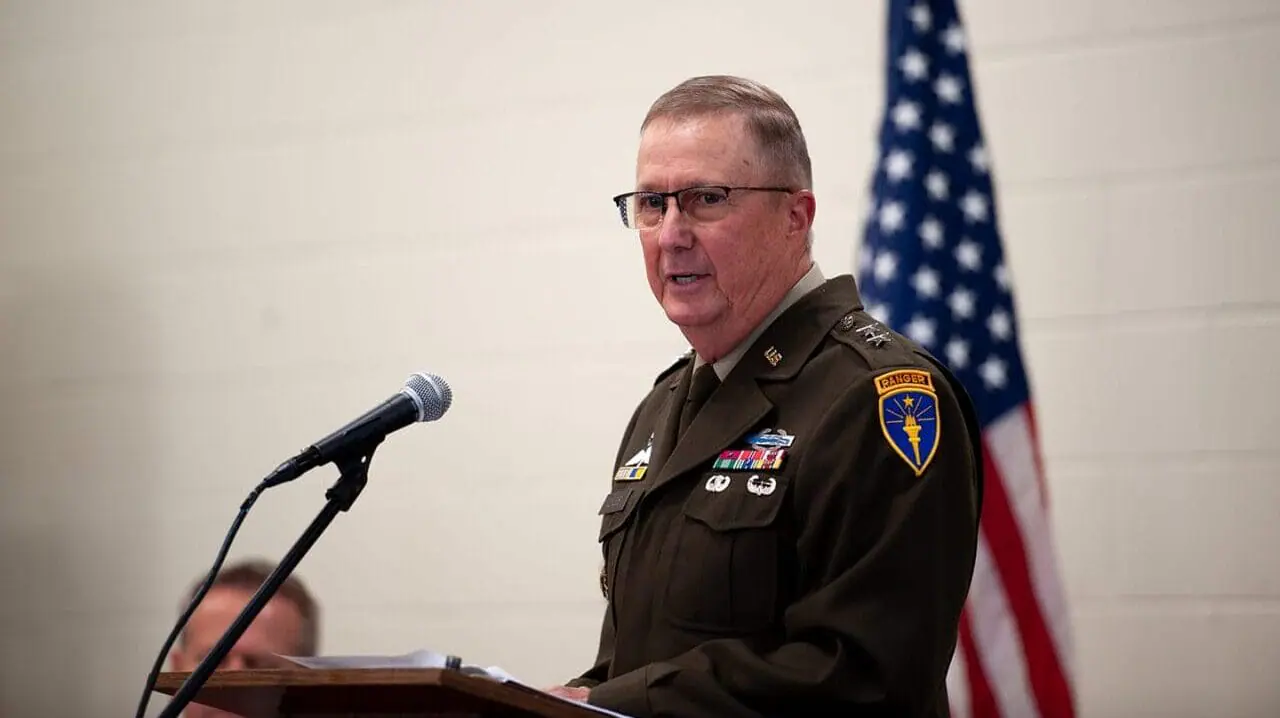 Indiana National Guard Adjutant General Maj. Gen. R. Dale Lyles speaks to the assembled audience during the announcement of a partnership between the Indiana National Guard and PRUV Mobility at the Camp Atterbury, Ind., North Barracks Complex on Friday, October 13. (Provided Photo/Indiana National Guard)