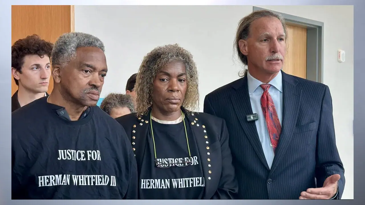 Herman and Gladys Whitfield, alongside their attorney, Richard Waples, speaking to reporters at the Community Justice Campus, Nov. 4, 2024. (Photo by Peter Blanchard/Mirror Indy)