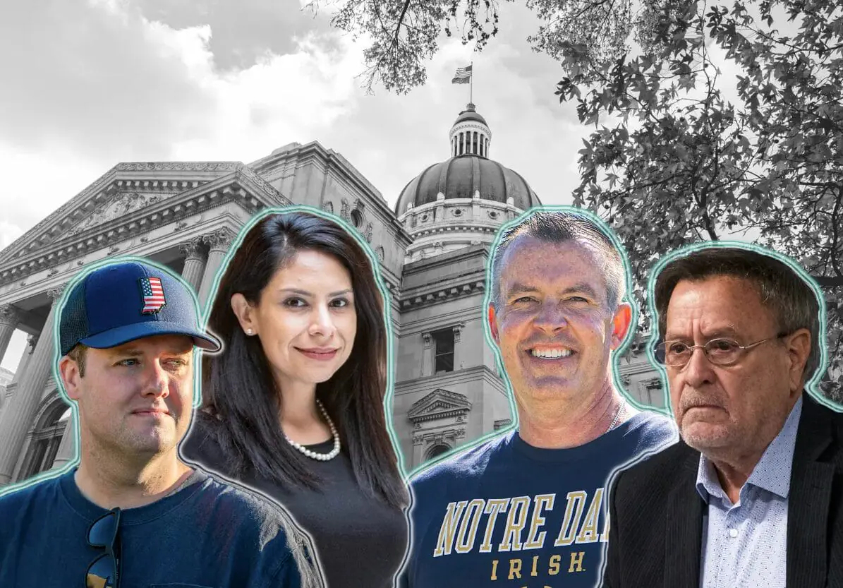 Mitch Gore, Cyndi Carrasco, Aaron Freeman and Mike Young are four projected winners in their respective Indiana Statehouse races. (Provided Illustration/Jenna Watson/Mirror Indy)