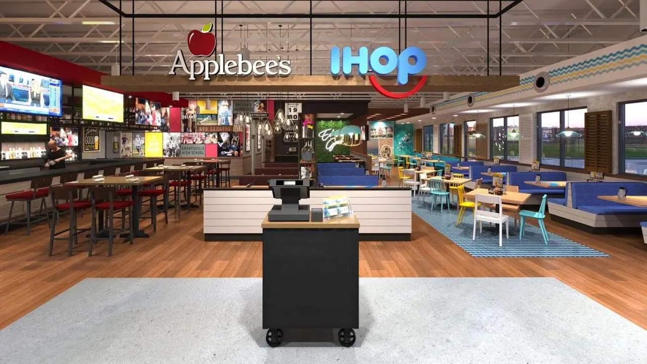 An interior rendering of the combined IHOP-Applebee's location in Texas. (Provided Photo/Dine Global via CNN Newsource)