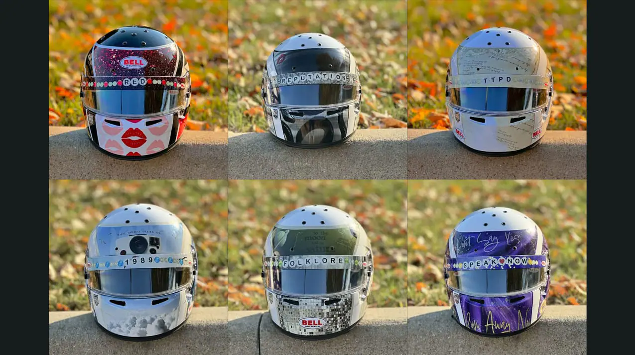 Taylor Swift-themed racing helmets designed after the pop star's albums. Top row: Red, Reputation, and The Tortured Poets Department; Bottom row: 1989, Folklore, and Speak Now. (Provided Photos/Women in Motorsports North America)