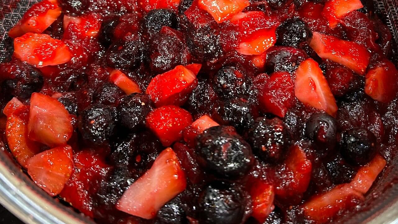 Cranberry, blueberry, and strawberry sauce