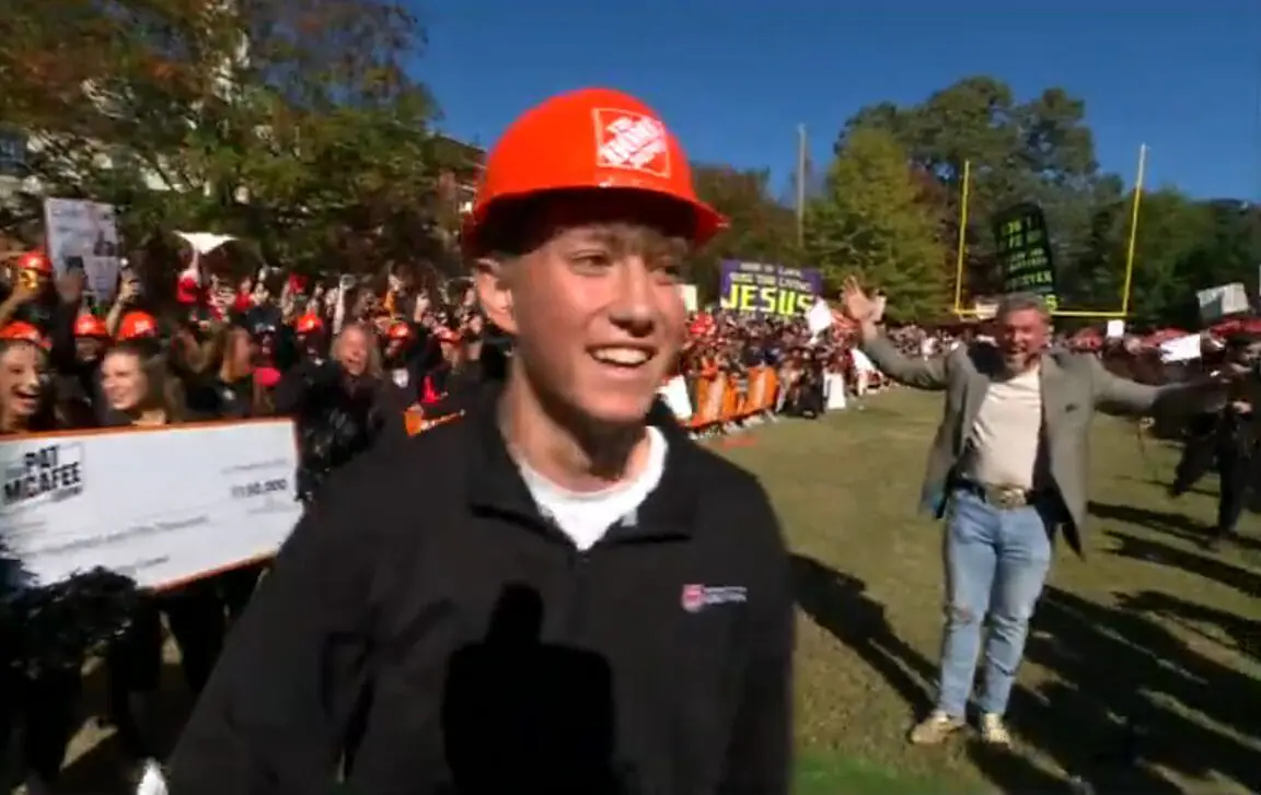 Henry Silver of Fishers celebrating after scoring a touchdown in Pat McAfee's Kicking Contest during College GameDay at the University of Georgia on Nov. 16, 2024. (Provided Photo/College GameDay via X)