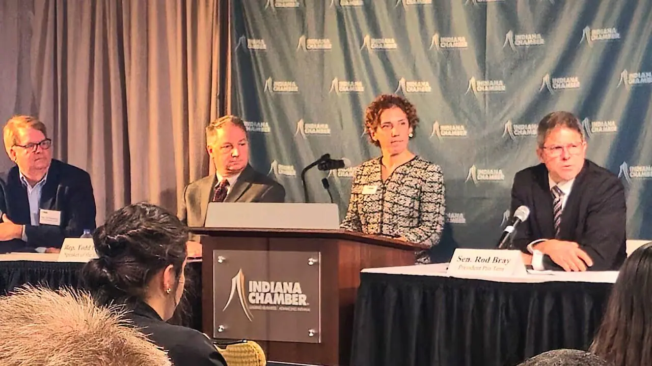 Indiana House Minority Leader Phil GiaQuinta, House Speaker Todd Huston, Indiana Chamber of Commerce President Vanessa Green Sinders, and Senate President Pro Tem Rod Bray attend the 2024 legislaive preview event on Monday, Nov. 18, 2024. (Photo by Aleksandra Appleton/Chalkbeat)