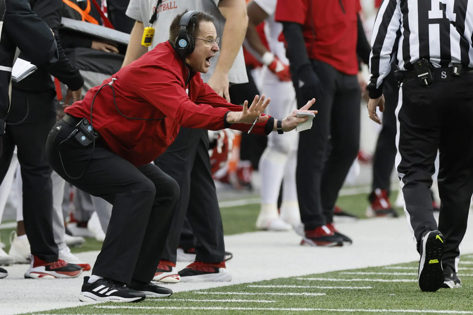 Indiana head coach Curt Cignetti shouts to his players during the second half of an NCAA college football game against Ohio State Saturday, Nov. 23, 2024, in Columbus, Ohio. (AP Photo/Jay LaPrete)