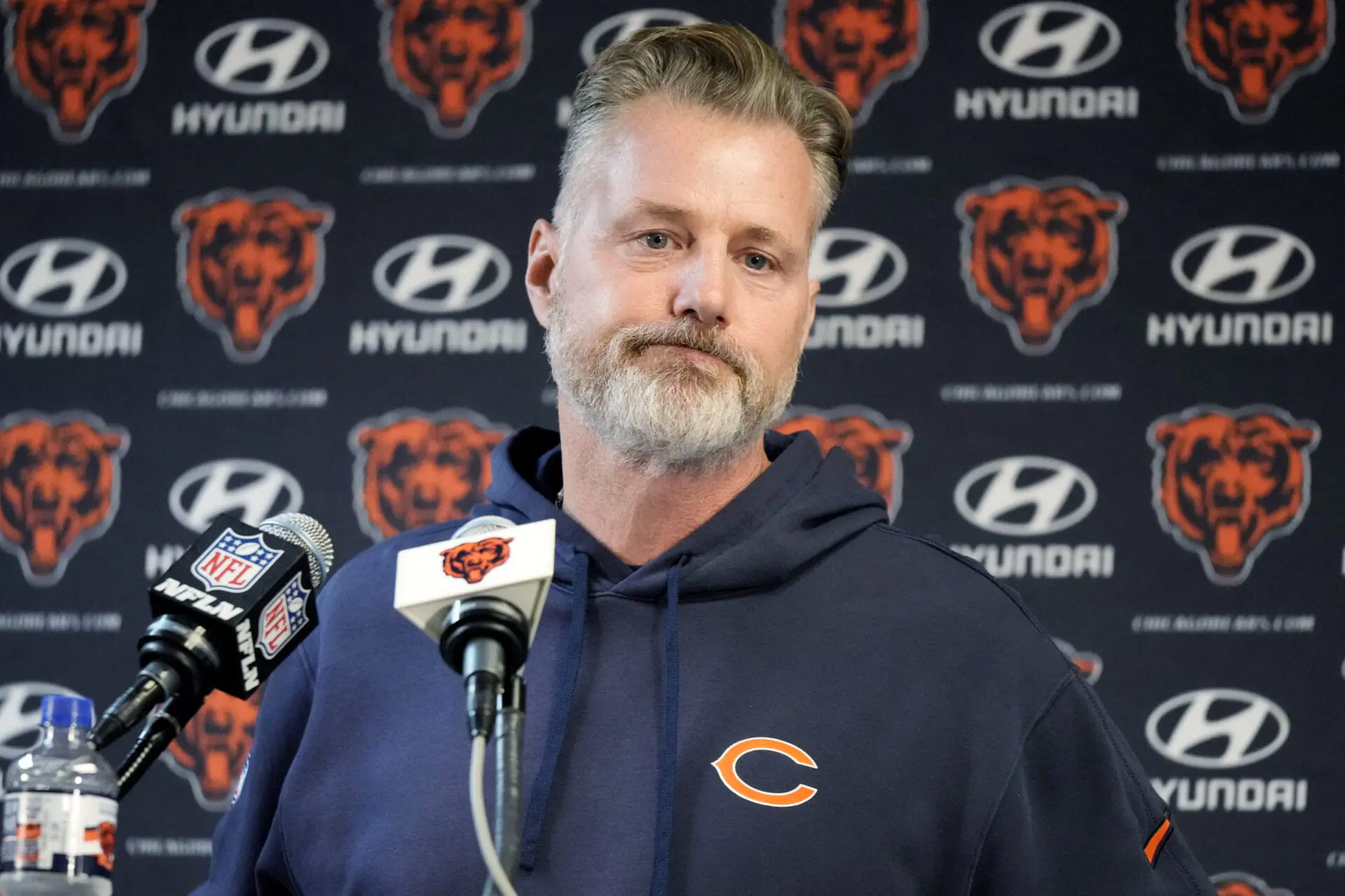 Chicago Bears head coach Matt Eberflus listens to reporters during a news conference after an NFL football game against the Green Bay Packers in Chicago, Sunday, Nov. 17, 2024. (AP Photo/Nam Y. Huh)