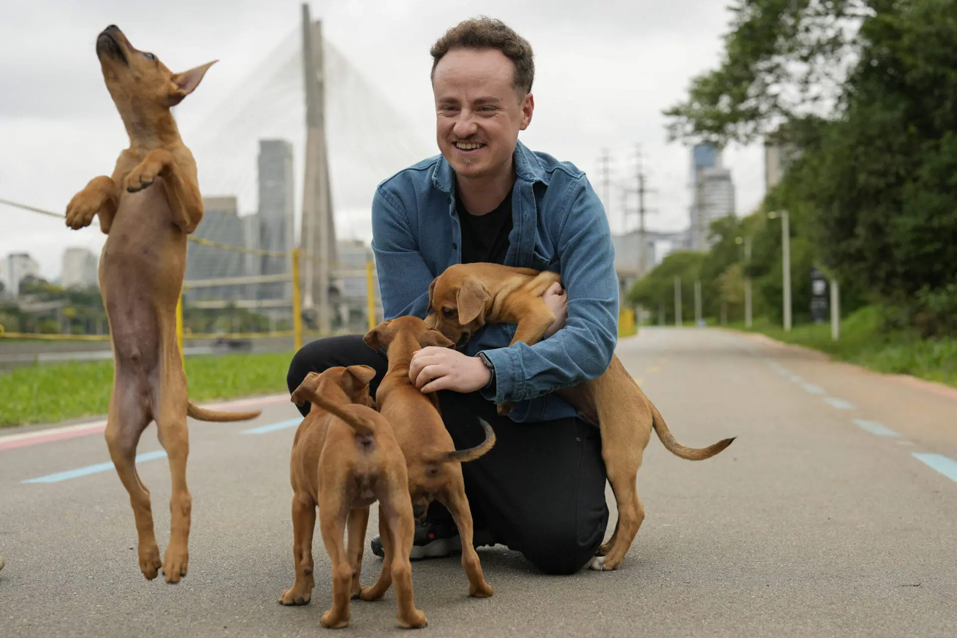 Director Diego Freitas plays with caramelo dogs on the set of the Netflix film 