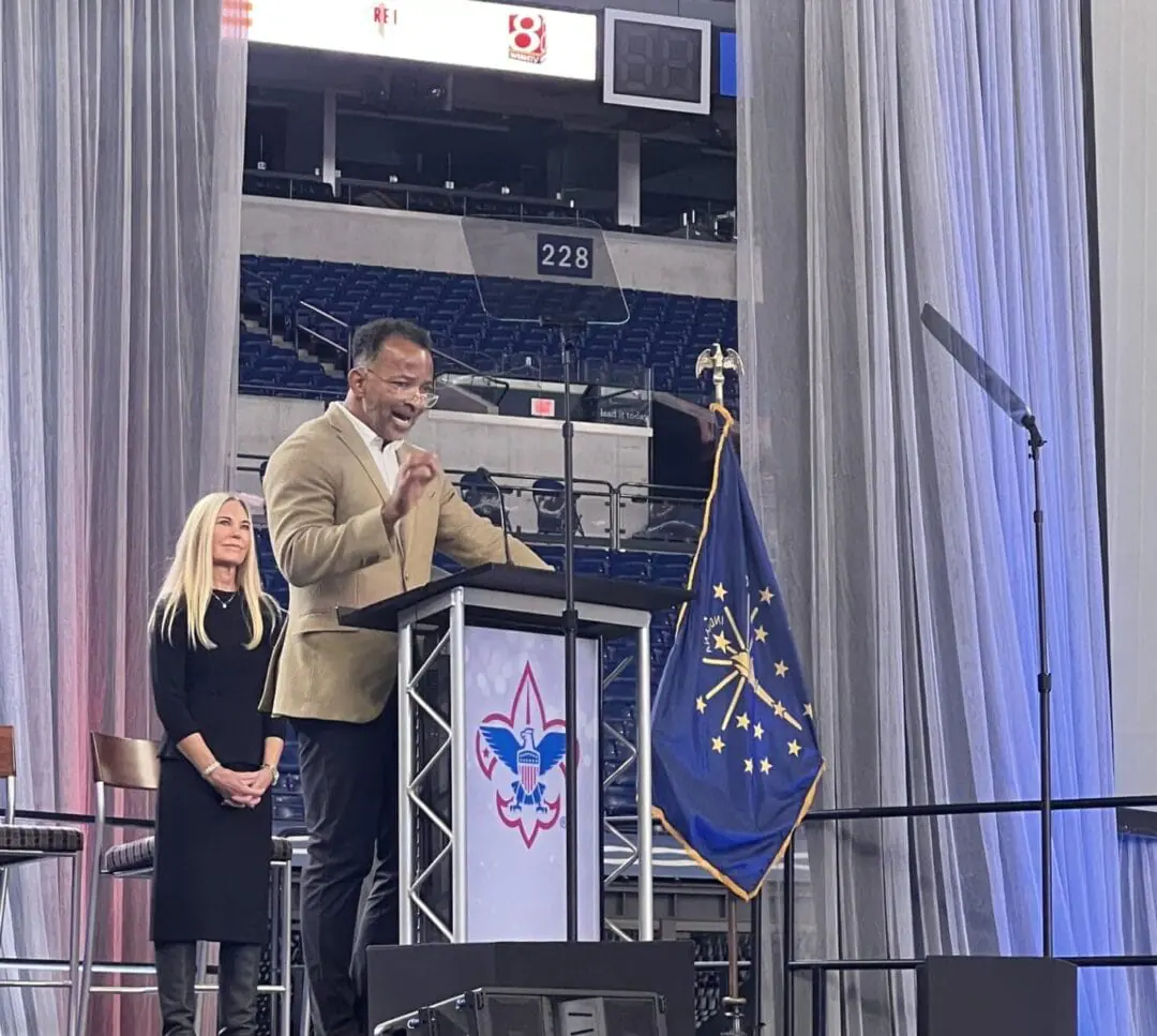 The 29th Governor’s Luncheon for Scouting is a celebration of scouting with over 2,000 local community leaders! Hosted by Governor Eric Holcomb and emceed by WISH-TV Sports Director Anthony Calhoun, the event at Lucas Oil Stadium raises funds for programs, camps, and trainings for over 16,000 youth in central Indiana. DuJuan McCoy, President, Owner and CEO of Circle City Broadcasting (parent company of WISH-TV) is a co-chair for this year’s event. Visit crossroadsbsa.org to learn more about Scouting in central Indiana. (WISH Photo/Al Carl)