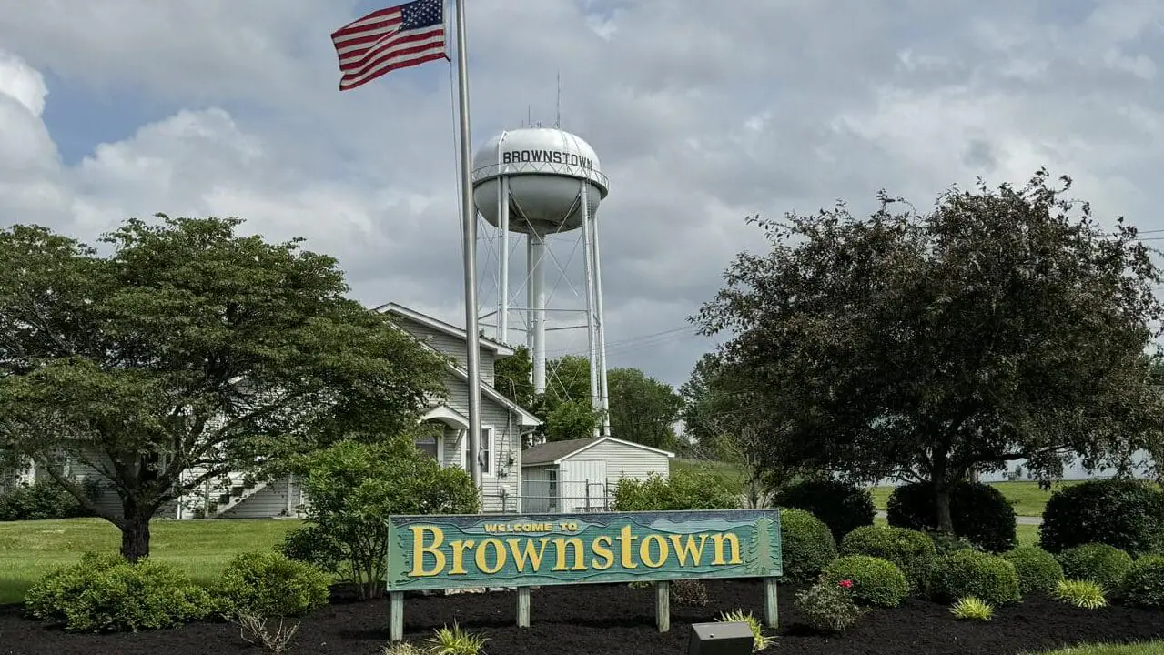 A sign welcomes visitors to Brownstown, Indiana, in May 2024. (Provided Photo/Town of Brownstown via Facebook)