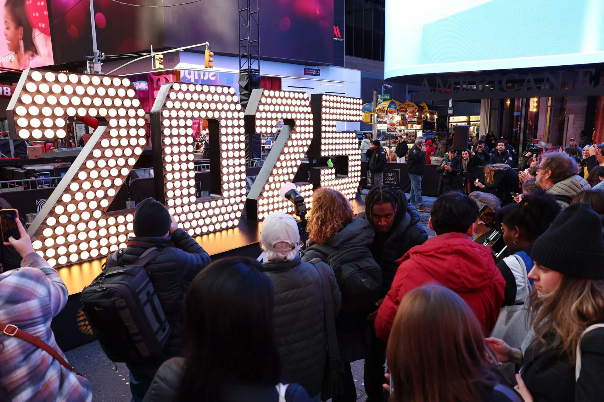 The 2025 New Year’s Eve numerals are seen on display in Times Square on December 18 in New York City. (Photo by Michael M. Santiago/Getty Images via CNN)