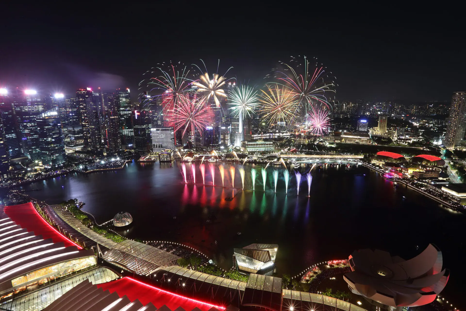 Fireworks light up the sky ahead of the new year countdown on December 31, 2024 in Singapore, Singapore. (Photo by Suhaimi Abdullah/Getty Images)