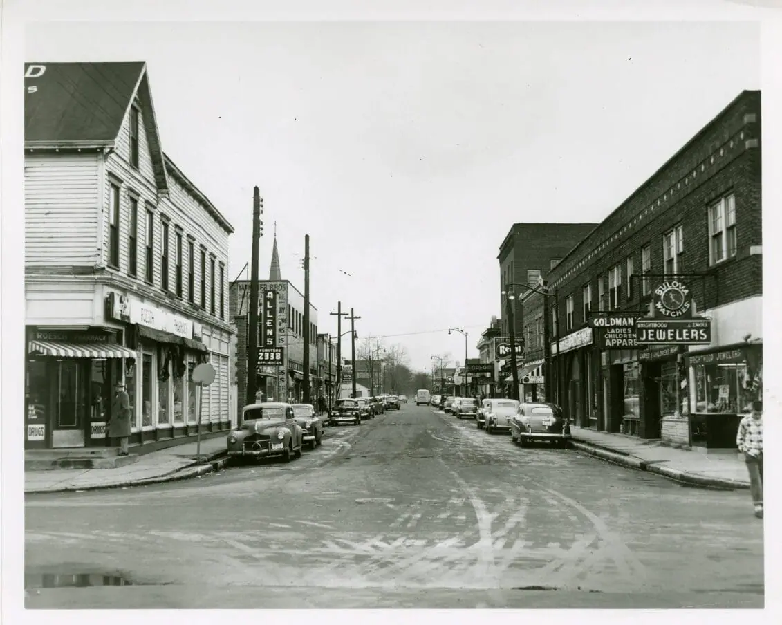 A street view of Brightwood businesses believed to be sometime around the 1940s. (Provided Photo/Bass Photo Co Collection, Indiana Historical Society)