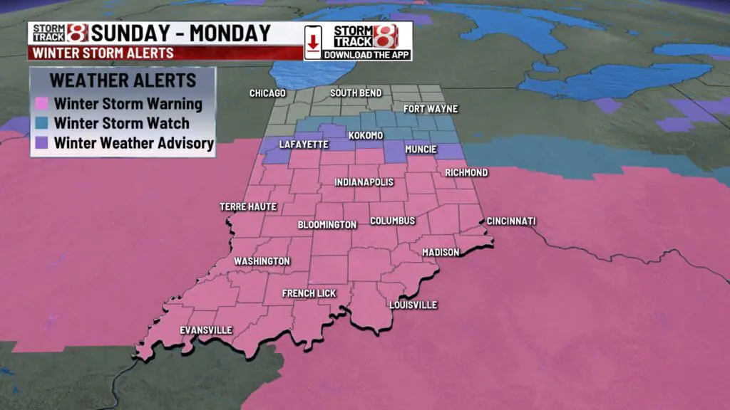 Winter storm warnings issued in central Indiana for Sunday into Monday