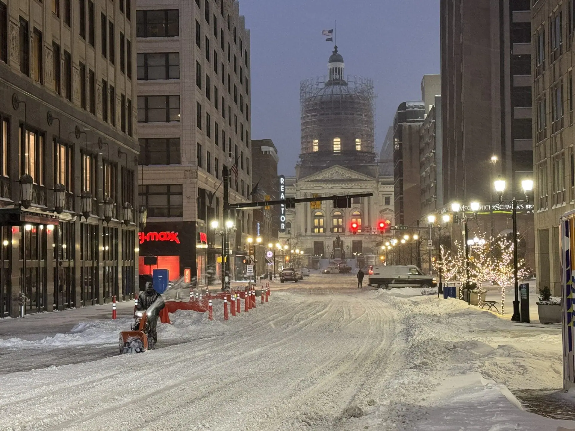 The Indiana Statehouse, its dome still surrounded by scaffolding, during a winter storm on Jan. 6, 2025. (WISH Photo/Colin Baillie)