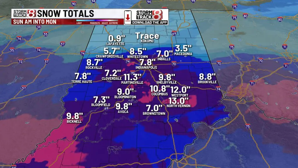 Indiana snowfall totals from January 56, 2025 winter storm