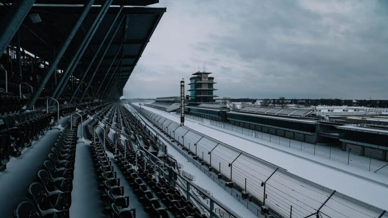 The snow-covered front stretch of Indianapolis Motor Speedway as seen on Jan. 6, 2025. (WISH Photo, File)