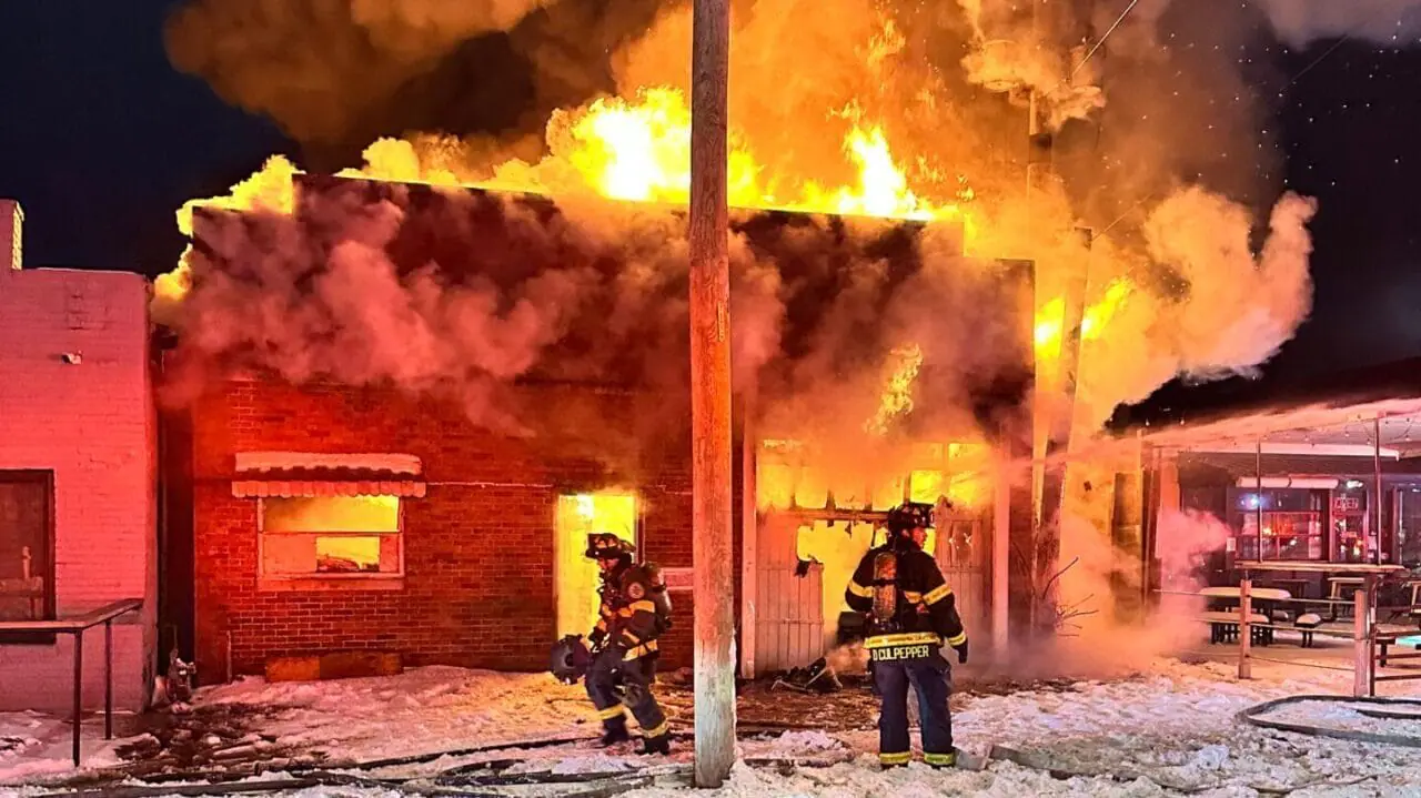 A vacant building between Helm Coffee and Garfield Brewery on Shelby St. caught fire early on Jan. 10, 2025, completely destroying the building and damaging the neighboring businesses. (Provided Photo/IFD)